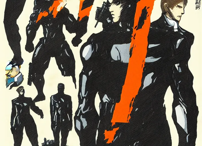 Prompt: character design sheet illustrated by yoji shinakawa, metal gear solid, anthromorphic orange man wearing a black suit