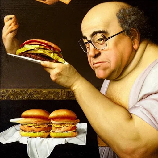 Prompt: renaissance style revival holy portrait of danny devito eating big mac hamburgers, masterpiece, classical art, oil on canvas,