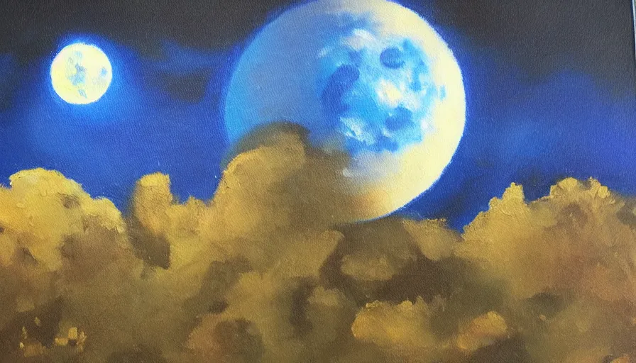 Image similar to oil painting, caressing the beautiful blue moon