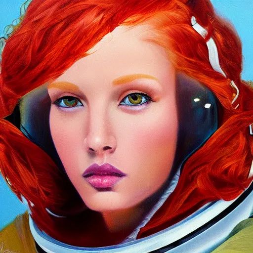 Image similar to redhead fashion model astronaut portrait, hyperrealism oil painting