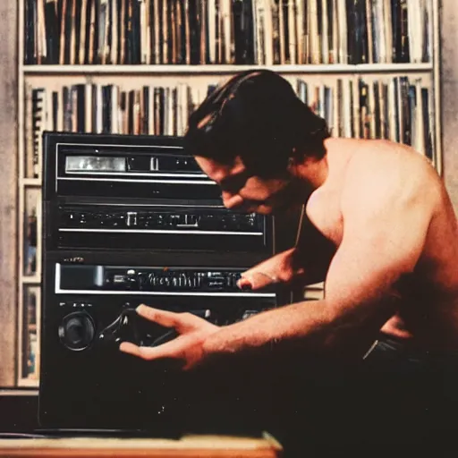 Prompt: god himself using a vintage 1 9 7 0 s 8 - track, vintage hifi, bill henson photo, hyper real, godly