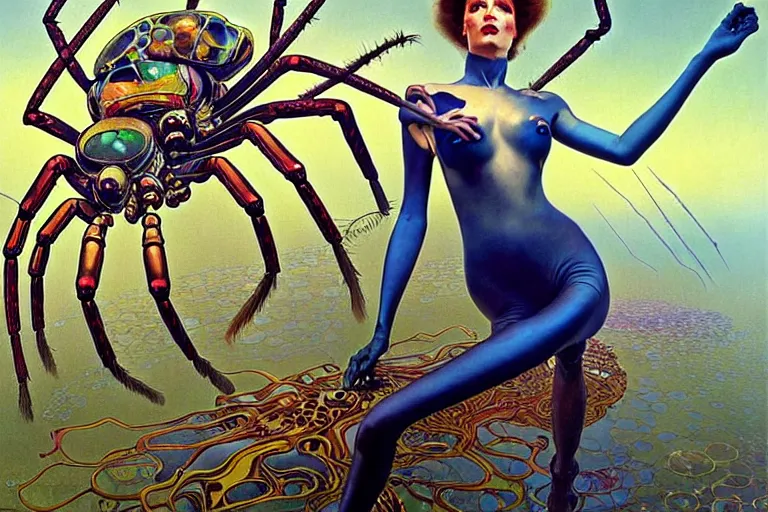 Prompt: realistic extremely detailed portrait painting of a fully dressed woman with a giant spider, futuristic sci-fi landscape on background by Amano, Yves Tanguy, Alphonse Mucha, Ernst Haeckel, Edward Robert Hughes, Roger Dean, rich moody colours, blue eyes