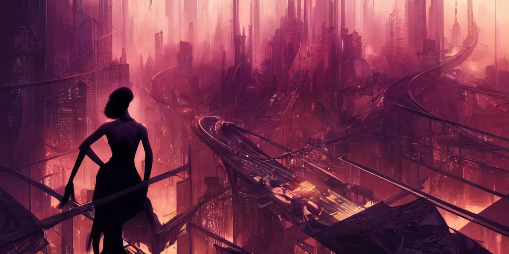 Image similar to silhouette of a woman standing on a bridge overlooking an axonometric cyberpunk city, by Rolf Armstrong and Evelyn De Morgan and Bastien Lecouffe-Deharme, dramatic lighting, high contrast colors, baroque, empyrean, panoramic view, as trending on Artstation, highly detailed, cryengine,