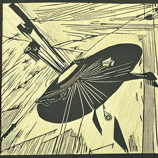 Image similar to voyager probe, woodcut,