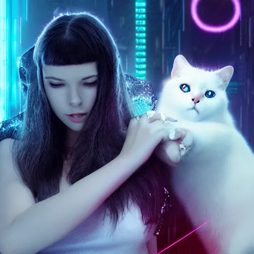 Image similar to beautiful cybergirl playing with a white cute cat in the neon room photorealistic, blade runner movie, digital art, highly detailed