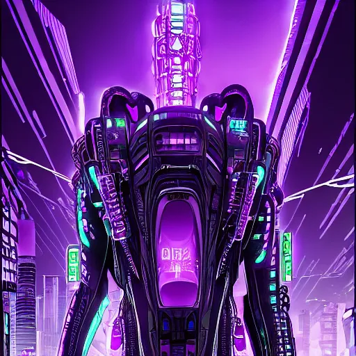 Image similar to Giant Purple Amethyst in cyberpunk neon Tokyo in style of Tsutomu Nihei. Cyberpunk, vertical symmetry, 8K, Highly Detailed, Intricate.