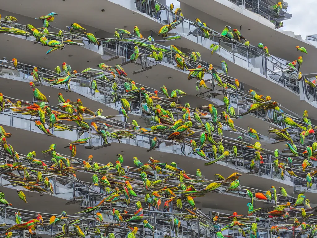 Image similar to a flock of parrots invading a shopping center