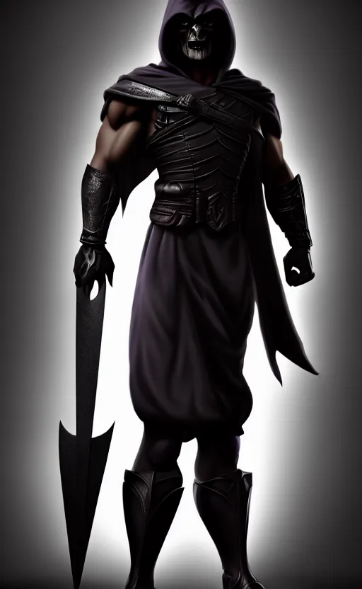 Prompt: Full body centered uncut character pose of mysterious-shadowy-eerie-ominous He-Man with a dark manner, dark grey background, softly backlit, professional studio lighting, high detailed, atmospheric, cinematic, Epic, 4k, ultra-detailed, ultra-realistic, colored ZBrush render, artwork by Adam Paquette