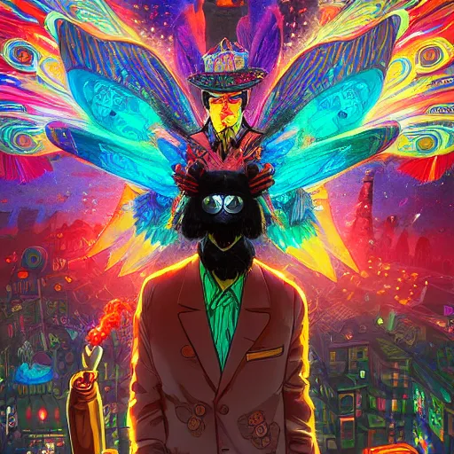 Image similar to 8K centered headshot Portrait of a psychedelic godlike mothman posing with a cigar with giant mandala wings smoking a hand-rolled cigarette smoking heavily , magic mushroom village in background , post-processing , award winning. superb resolution. in the art style of Satoshi Kon and Greg Rutkowski , Detailed Mushroom city in background , Hyper realistic anime , Perfect art , Dalle2