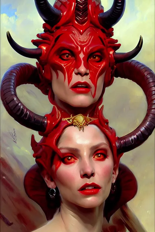 Image similar to painted close - up portrait of a very attractive red - skinned intimidating demon alien queen with ram horns! oil painting, wearing a noblewoman's outfit, fantasy art by john singer sargent and gaston bussiere and james jean and greg rutkowski, demon noble character design, hd