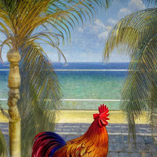 Image similar to a ultradetailed beautiful painting of a rooster in the amazonas palace balustrade designed by jules bastien - lepage, hans belmer, frank weston and gustave baumann, beach, trending on artstation, mediterranean, palm trees, refracted color sparkles, sharp focus, soft light, 8 k 4 k