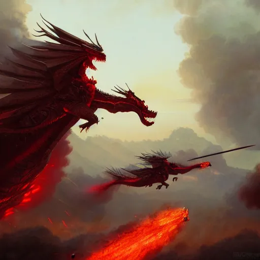 Image similar to an extremely detailed matte painting of a colossal red and black dragon breathing fire, destroying a squad of apache helicopters, very detailed, beautiful, intricate, cinematic, artstation, william bouguereau, alphonse mucha, greg rutkowski, rossdraws