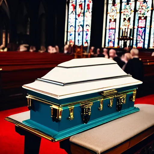 Prompt: A funeral photo with a RGB coffin in a church