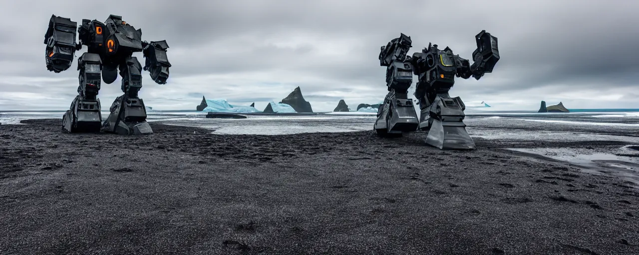 Image similar to low angle cinematic shot of giant futuristic mech in the middle of an endless black sand beach in iceland with icebergs in the distance,, 2 8 mm