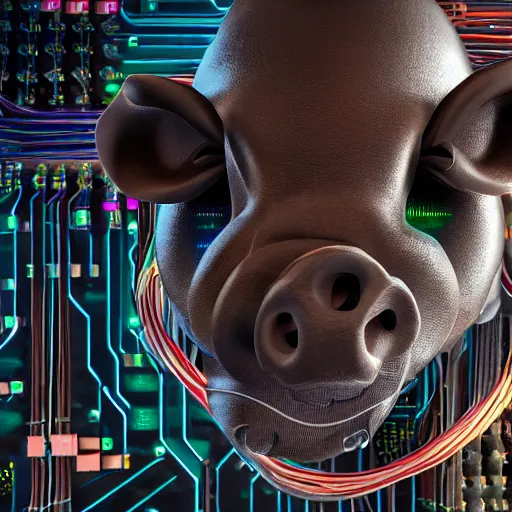 Image similar to a portrait photograph of a big aggressive male cyberpunk pig, circuit boards, motherboard, mainboard, wires, cable management, electrical wires, activity lights, cyberpunk, artstation, detail, hyperrealistic, digital photograph, natural light canon eos c 3 0 0, ƒ 1. 8, 3 5 mm, 8 k