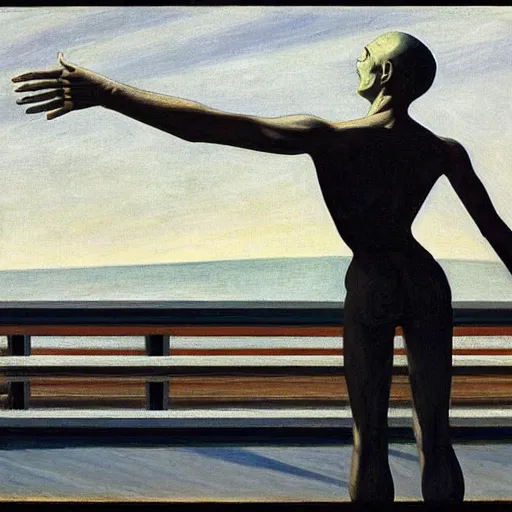 Image similar to biomechanical human raising his hands into the sky of the machine by edward hopper