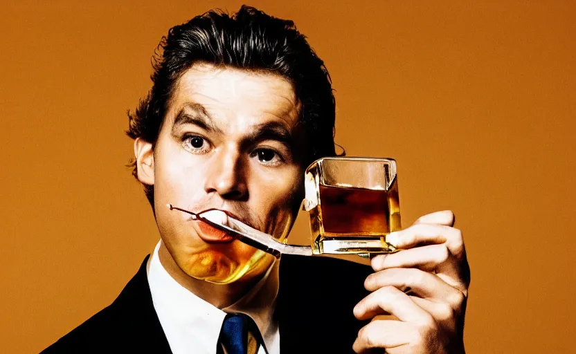 Prompt: color photo of a photomodel handsome man drinking whiskey 8 0's style