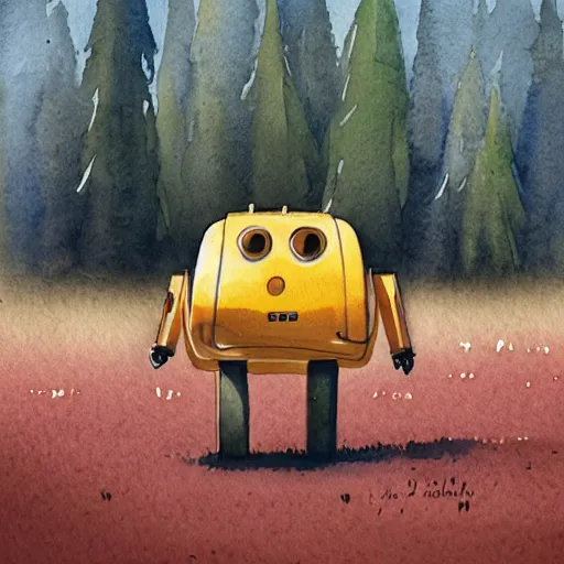 Prompt: a small lonely robot in the field, illustration, robot, trees, deforestation , Nice colour scheme, soft warm colour. Studio Gibli. Beautiful detailed watercolor by Lurid. (2022)