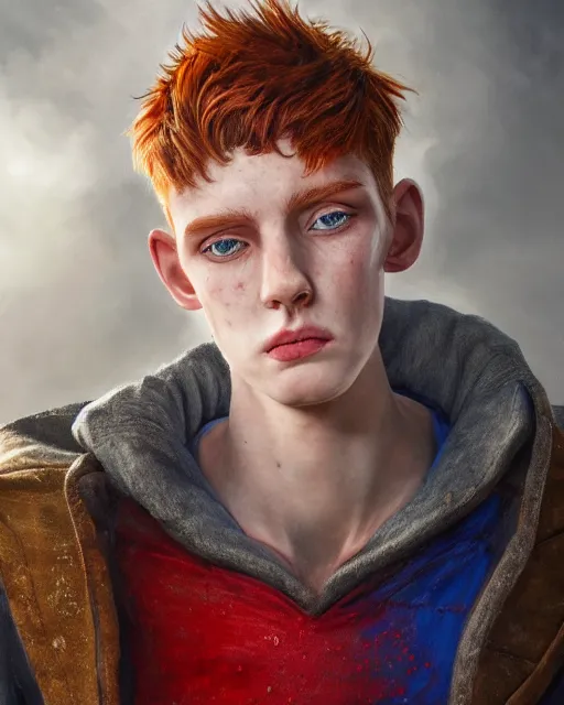 Prompt: a hyper real portrait painting of tall, thin, 1 5 - year - old boy with a long nose, a lot of freckles, fiery red hair, and bright blue eyes, 4 k, 8 k, d & d concept art, unreal 5, daz, hyperrealistic, octane render, cosplay, rpg portrait, dynamic lighting