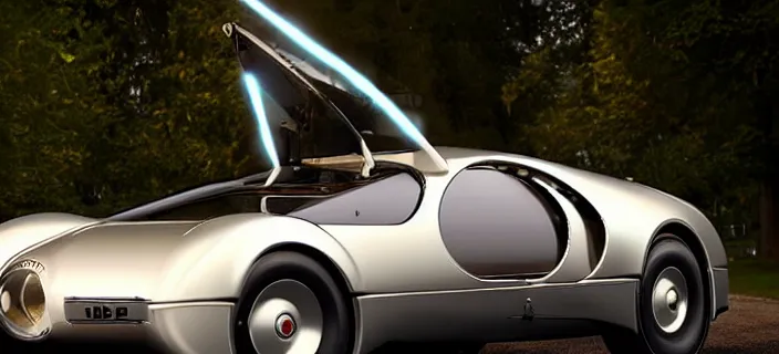 Image similar to a single bugatti type 5 7 sc atlantic and delorean hybrid, dslr, volumetric lighting