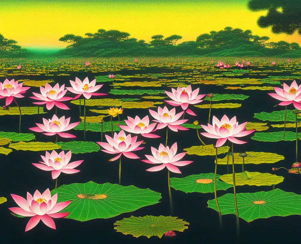 Image similar to a landscape pastel in the style of noriyoshi ohrai and mark tedin of a holy field of lotus flowers, night time. key art. 4 k retrofuturistic fantasy