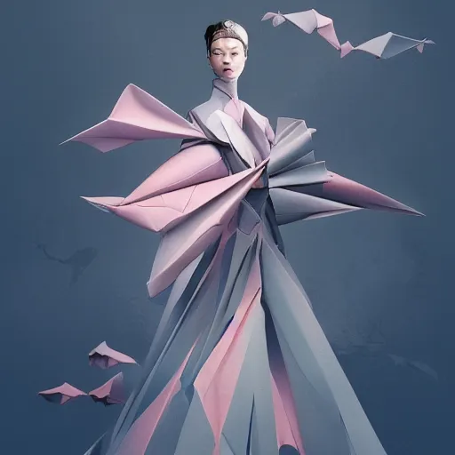 Prompt: 3 / 4 view of a beautiful girl wearing an origami!! dress, ground - level medium shot, elegant, by eiko ishioka, givenchy, philippe druillet, by peter mohrbacher, centered, fresh colors, origami, fashion, detailed illustration, vogue, high depth of field, japanese, reallusion character creator