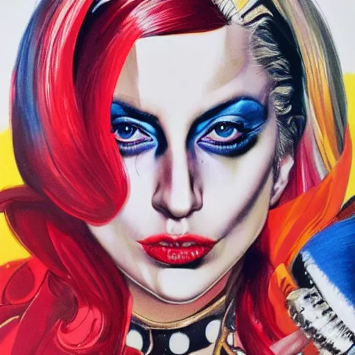 Image similar to detailed details photorealistic pictures lady gaga as harley queen in the style of bob peak and alex ross, gouache and wash paints color, detailed details facial and body and human and environments and proportionate, detailed 5 k details.