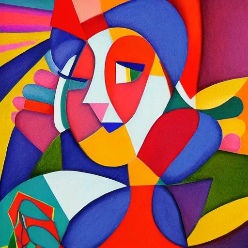 Image similar to woman weaves the colors, sounds and dreams of her community while listening to the river, abstract art in the style of cubism and georgia o keefe,