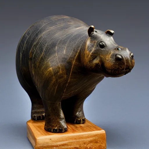 Prompt: a small hippo statue carved from natural wood and polished blue resin, half and half, mixed media, side view