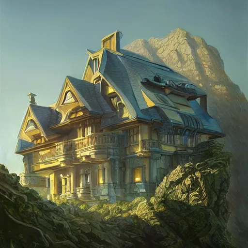 Image similar to Ultra realistic illustration of Futuristic Modern Mansion in the mountains , sci-fi, fantasy, intricate, elegant, highly detailed, digital painting, artstation, concept art, smooth, sharp focus, illustration, dramatic lighting, art by artgerm and greg rutkowski and alphonse mucha