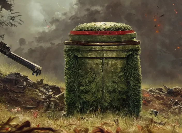 Prompt: close up cinematic artwork of Oscar the grouch staring down the enemy on the battlefield by Greg Rutkowski, 4k, masterpiece