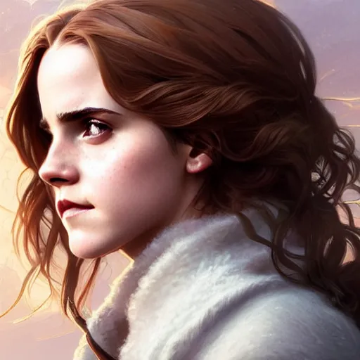 Image similar to Emma Watson as Hermione Granger. Happy. Cheerful. Western. Closeup. Fantasy. Intricate Elegant. Highly detailed. Digital painting. Artstation. Concept art. Matte. Sharp focus. Illustration. Art by Artgerm and Greg Rutkowski and Alphonse Mucha