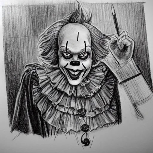 Image similar to pennywise in court. pencil court sketch. intricate. highly professionally detailed.