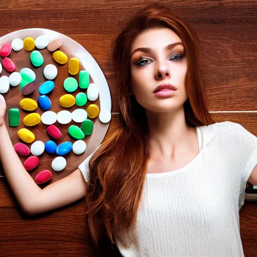 Image similar to a beautiful female model surrounded by pills