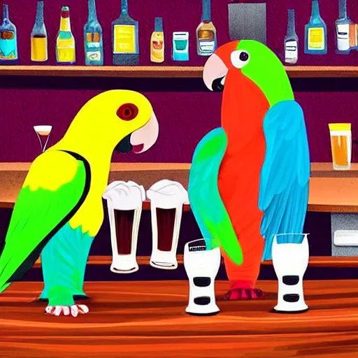 Image similar to Colorful illustration of Two humanoid parrot bartender behind bar. One of them is pouring a beer. Digital art