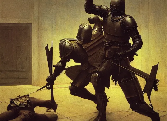 Prompt: а swat captures knight in armor, rome, highly detailed, soft lighting, elegant, works by edward hopper and james gillard, zdislaw beksinski, stephen outram, andreas m wiese, highly detailed