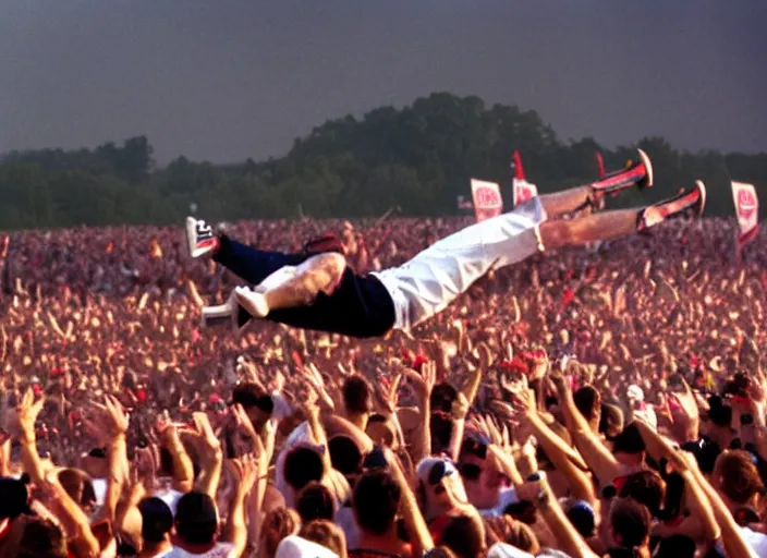 Image similar to photo still fred durst on stage at woodstock 9 9!!!!!!!! at age 3 3 years old 3 3 years of age!!!!!!!! crowd surfing, 8 k, 8 5 mm f 1. 8, studio lighting, rim light, right side key light