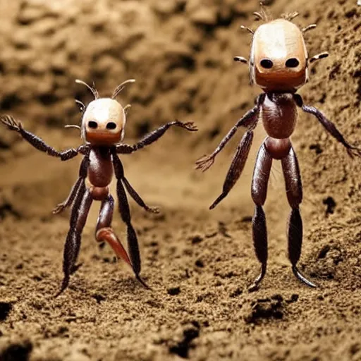 Image similar to humans wearing realistic ant costumes in an underground dirt tunnel