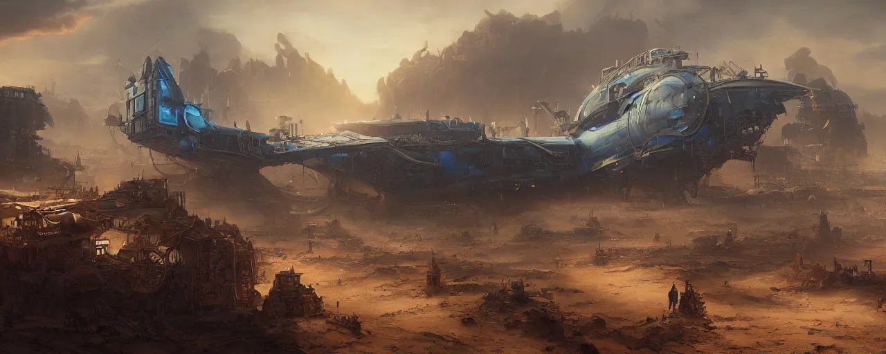 Image similar to Dark blue glowing desert with old steampunk airship as the subject, big and laying in the middle, barely functioning, it has attracted a crowd, very detailed concept art, matte painting, digital art, concept art, realistic beautiful, trending on Artstation, Greg Rutkowski