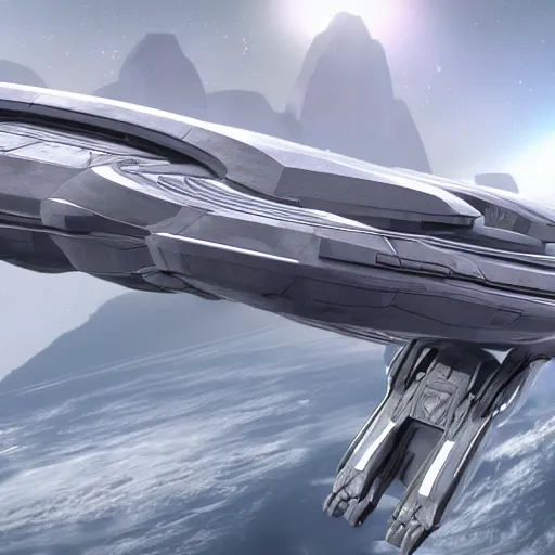 Image similar to rendering of a futuristic starship, halo, military, highly detailed