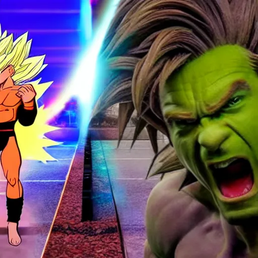 Prompt: Photo realistic live action Super Saiyan Frank Zappa vs Majin Nickacado Avacado WWE takedown ray traced 8K anti-aliased highly detailed cinematic render award winning photography