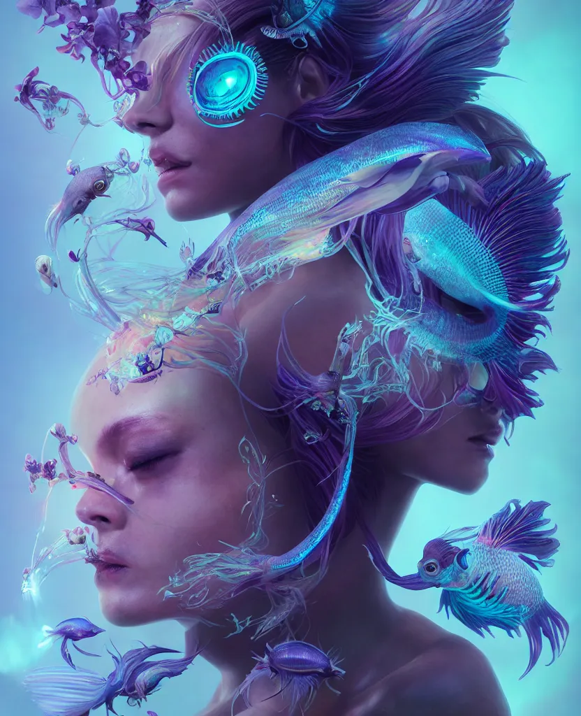 Image similar to goddess close-up portrait. orchid bird phoenix head, nautilus, skull, betta fish, bioluminiscent creatures, intricate artwork by Tooth Wu and wlop and beeple. octane render, trending on artstation, greg rutkowski very coherent symmetrical artwork. cinematic, hyper realism, high detail, octane render, 8k