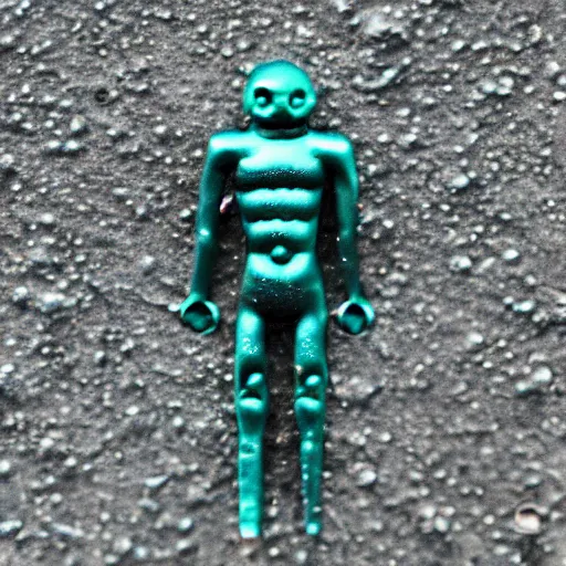 Image similar to tiny microscopic teal green cyan arcturian annunaki liquid metal bismuth andromedan martian telosian alien humanoid creature jammed in a crack 5 5 mm photography footage slightly glowing, ominous