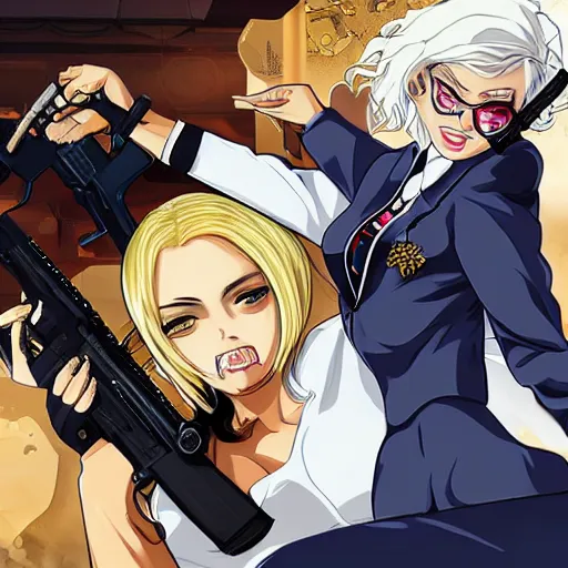 Prompt: anime woman with gold and white hair wearing mafia clothing holding a gun, gta 5 cover
