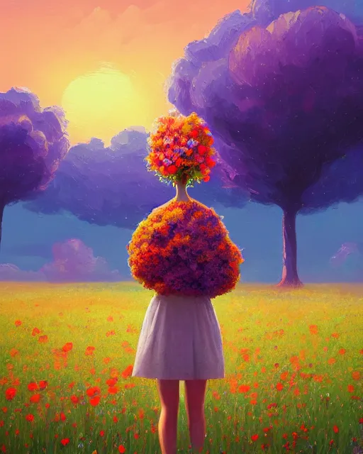 Image similar to girl with giant flower as a face and flower dress, standing in a flower field hills, big trees, sunrise dramatic light, impressionist painting, colorful clouds, digital painting, pointillism, artstation, simon stalenhag