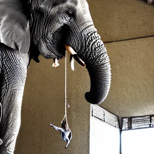 Image similar to elephant hanging like a bat under the roof