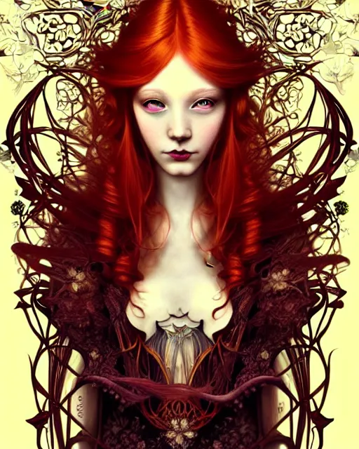 Image similar to Beautiful, evil and playful ethereal ginger portrait, art nouveau, fantasy, intricate flower designs, elegant, highly detailed, sharp focus, art by Artgerm and Mat collishaw and WLOP