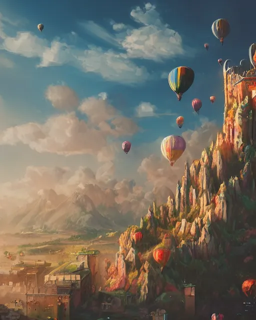 Image similar to flying cloud castle, buildings, baloons, machines, bright, blue sky, mountains, colorful, cinematic lighting, fantasy, high detail, illustration, masterpiece, artstation, 4 k, art by wylie beckert