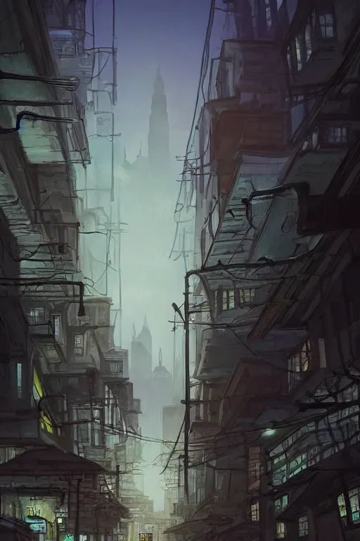 Prompt: backlane alley with kuala lumpur twin towers in the background, evening, highly detailed matte painting, studio ghibli, artstation