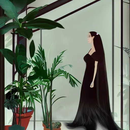 Prompt: a room full of beautiful house plants and a pretty woman with pale skin, long black hair, abstract, beautiful digital art trending on artstation